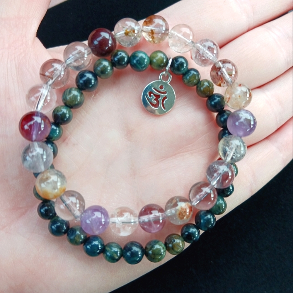 Ritualted Purple Ghost Quartz Eagles Eye gemstone bead stretch bracelet set